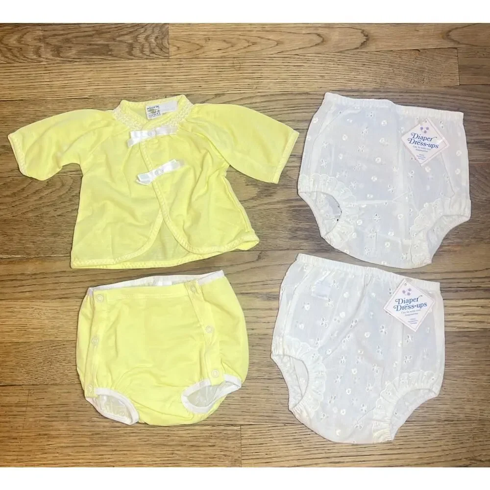 Vintage Baby Diaper Cover Lot White Eyelet Ribbon Bloomers & Outfit 6-12 Months